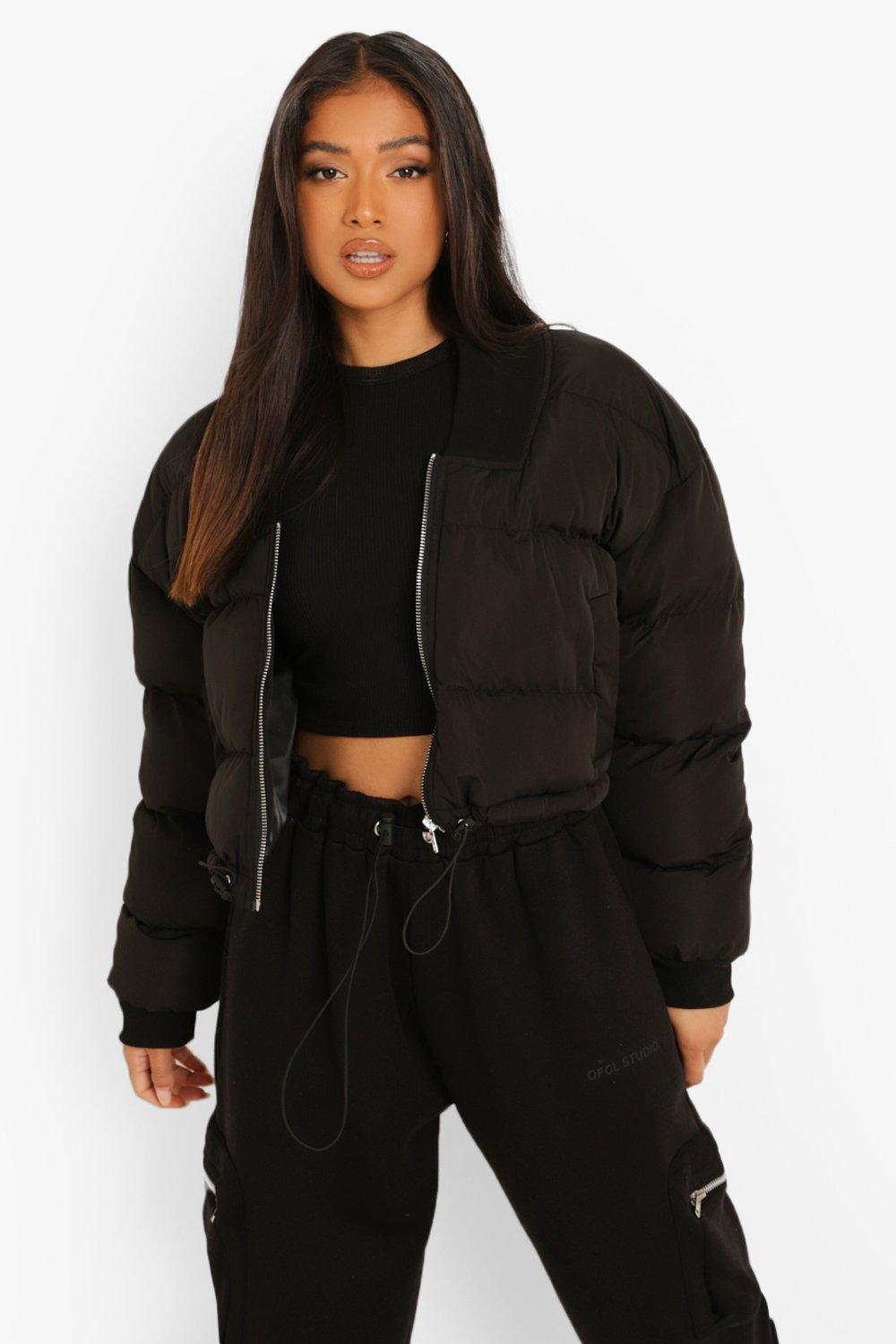 Black puffer bomber jacket womens online