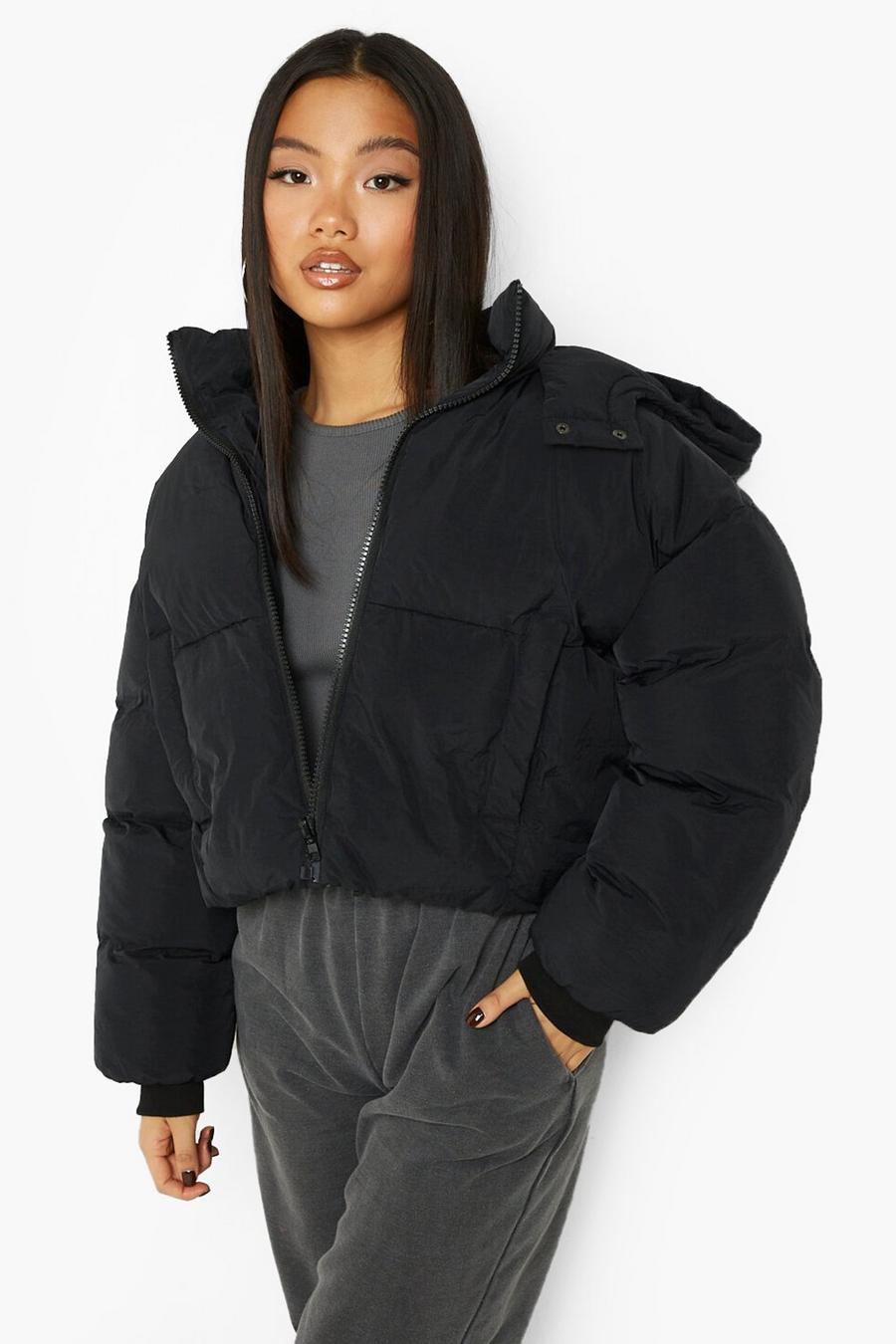 Black Petite Hooded Oversized Crop Puffer image number 1