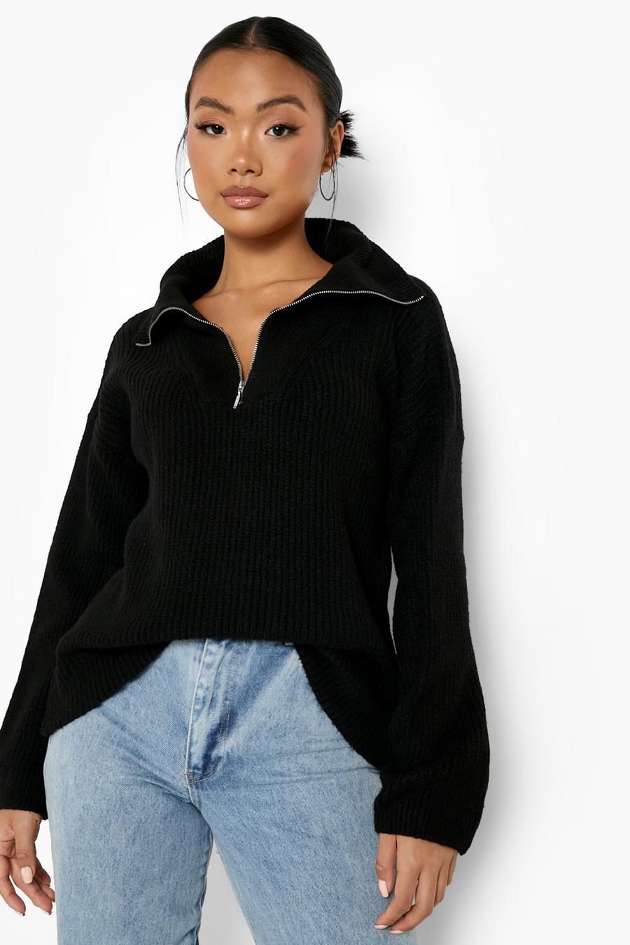 Black Petite Chunky Grandad Collar Sweater image number 1