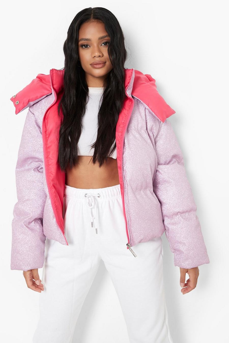 Pink Petite Glitter Hooded Puffer Jacket image number 1