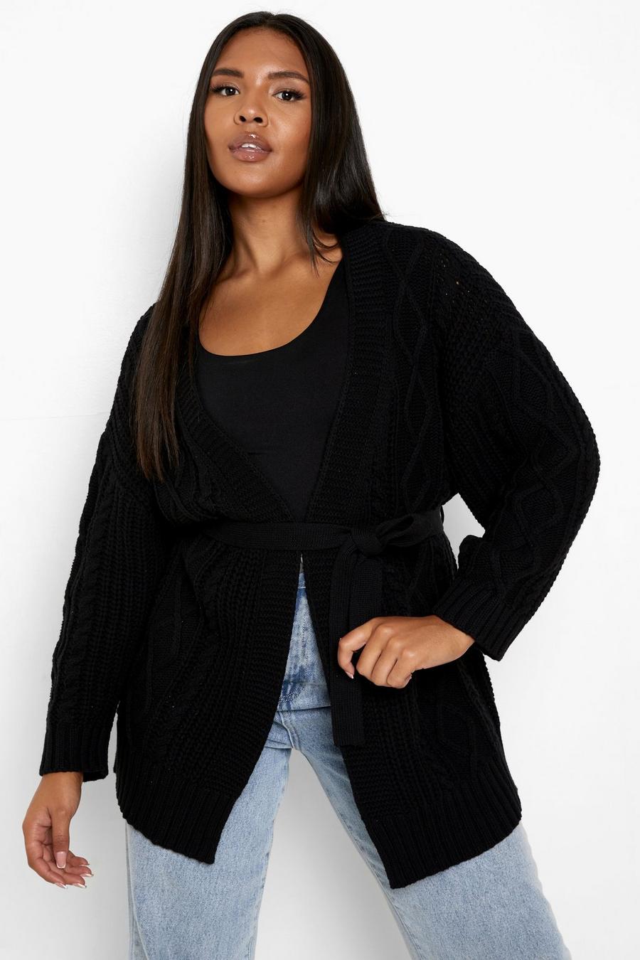 Black Plus Belted Cable Cardigan image number 1