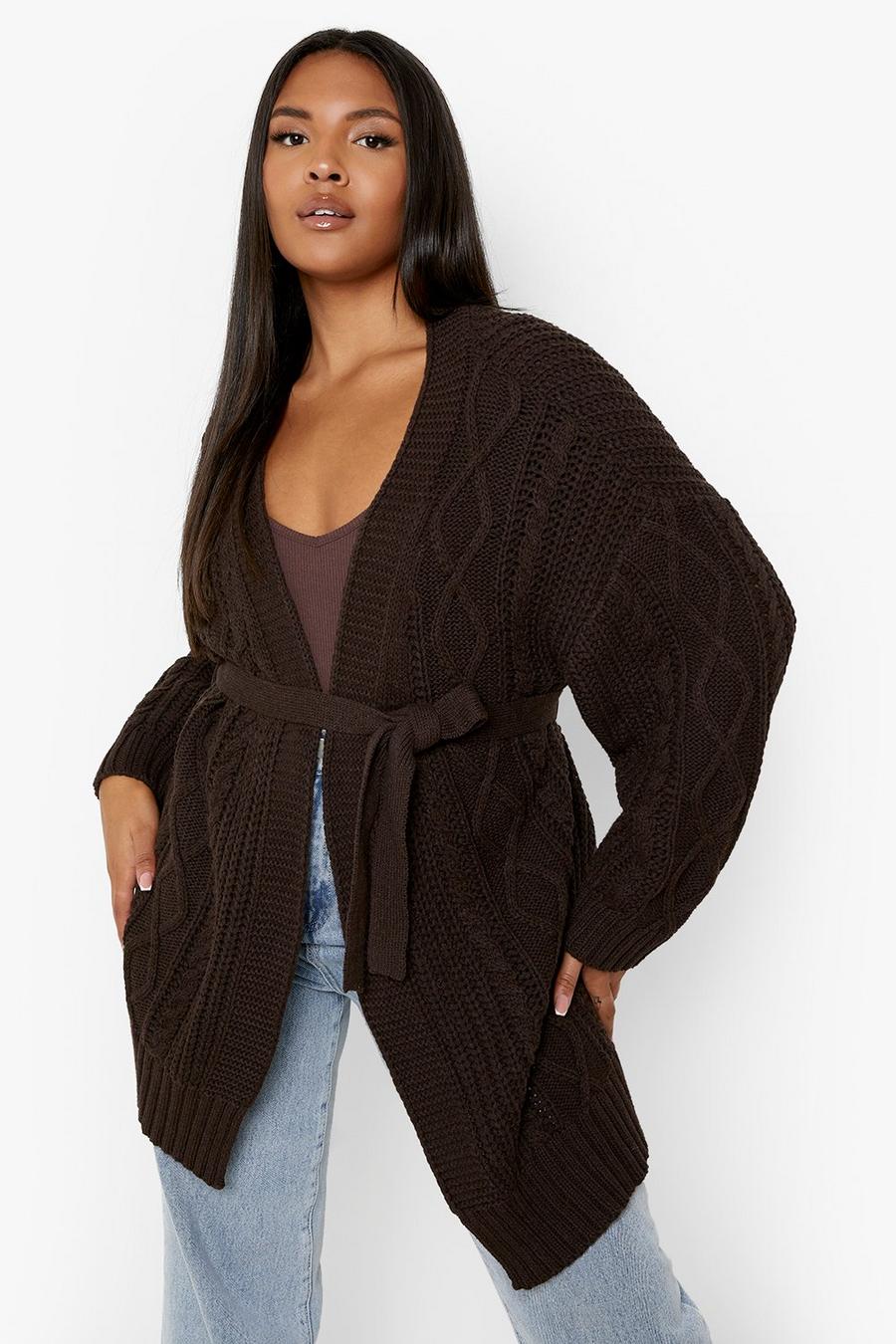 Chocolate marron Plus Recycled Belted Cable Cardigan