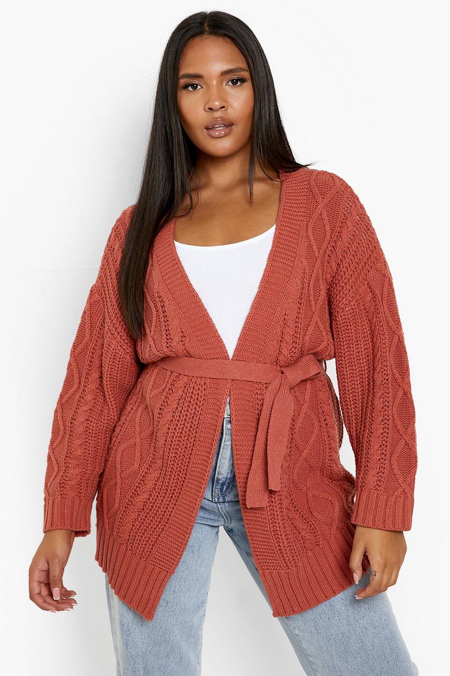 Rust Plus Belted Cable Cardigan image number 1