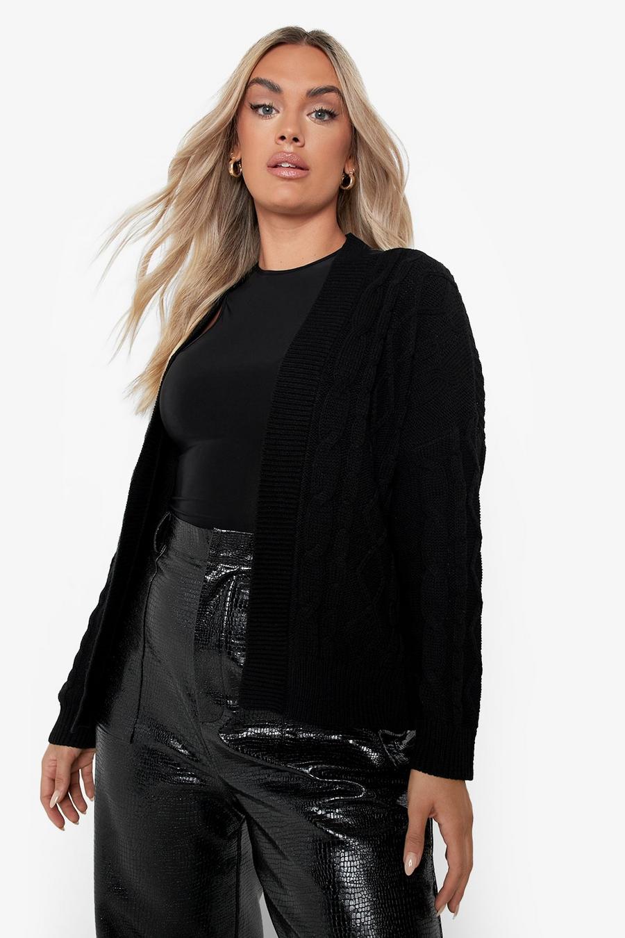 Black Plus Recycled Cable Knit Crop Top Cardigan image number 1
