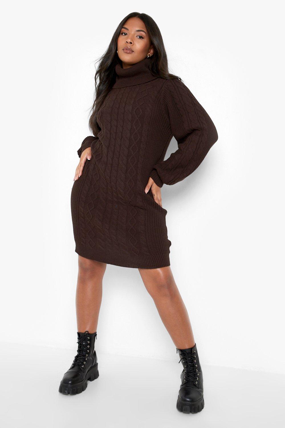 Long Sleeve Turtleneck Cable Knit Sweater Dress