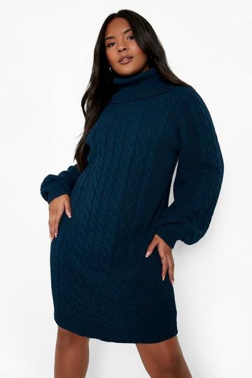 Plus Recycled Cable Knit Sweater Dress teal