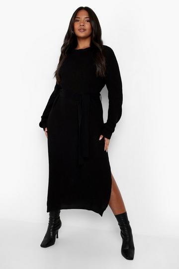 Black Plus Belted Knitted Midi Dress