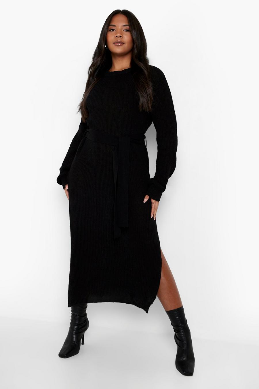 Black Plus Belted Knitted Midi Dress image number 1