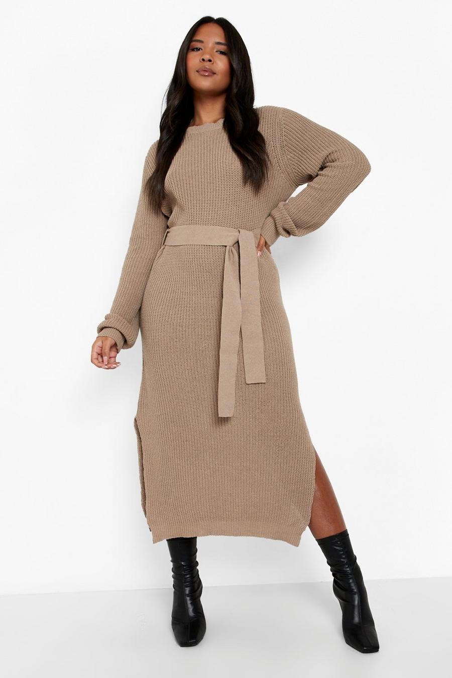 Camel Plus Belted Knitted Midi Dress image number 1