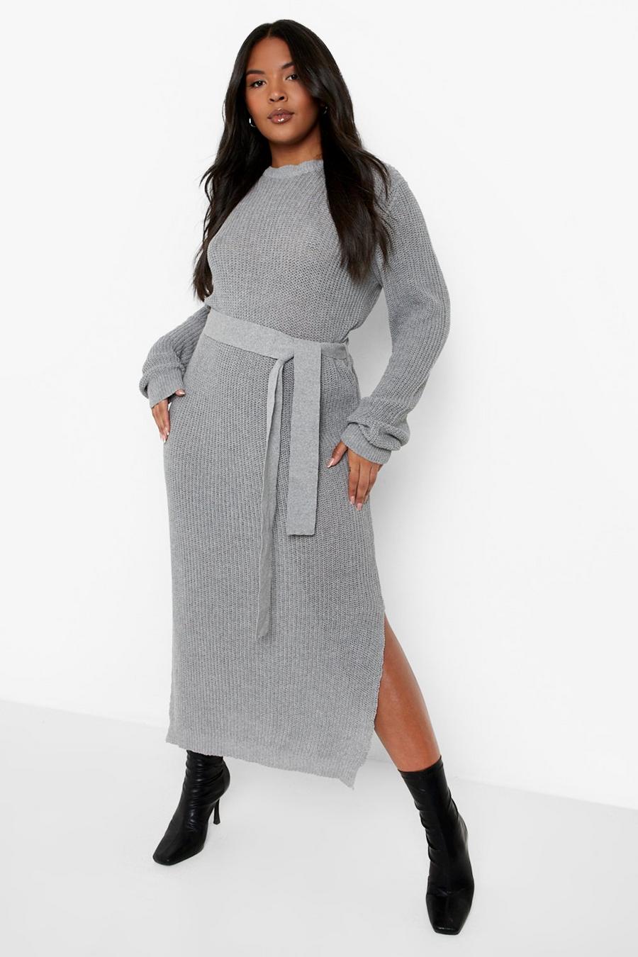 Grey Plus Belted Knitted Midi Dress image number 1