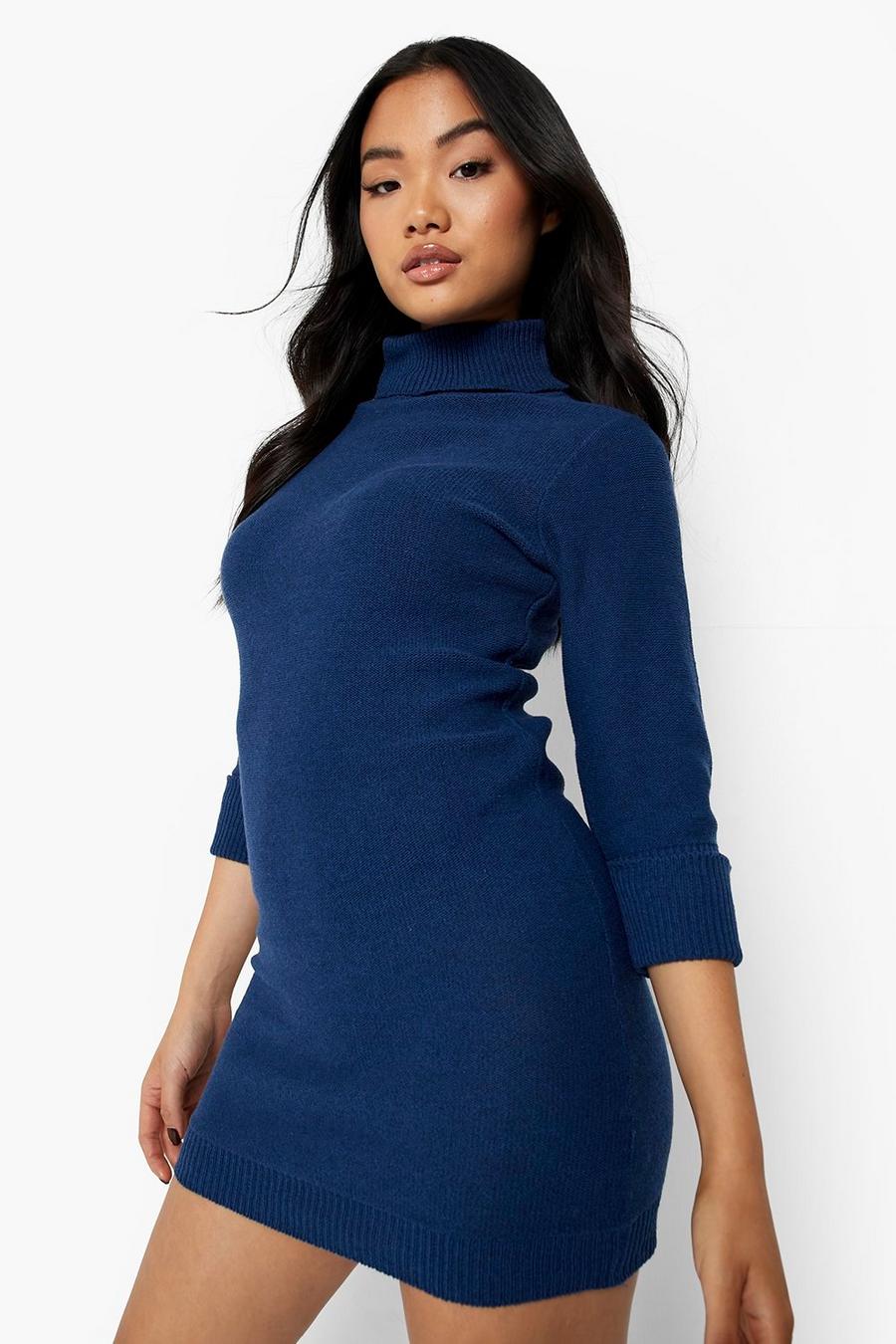 Navy Petite Recycled Roll Neck Knitted Mini Dress