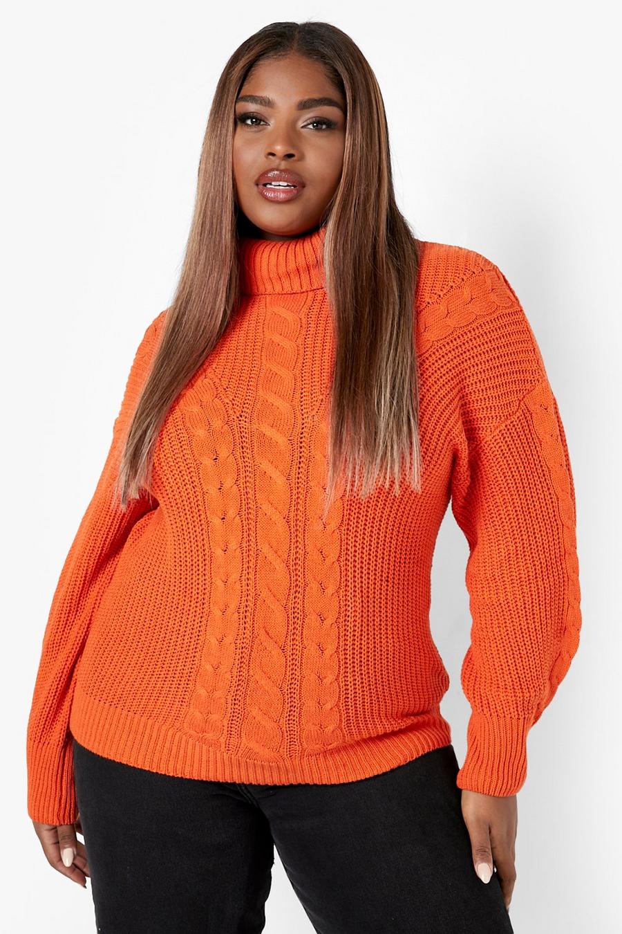 Rust orange Plus Recycled Turtleneck Cable Knit Sweater
