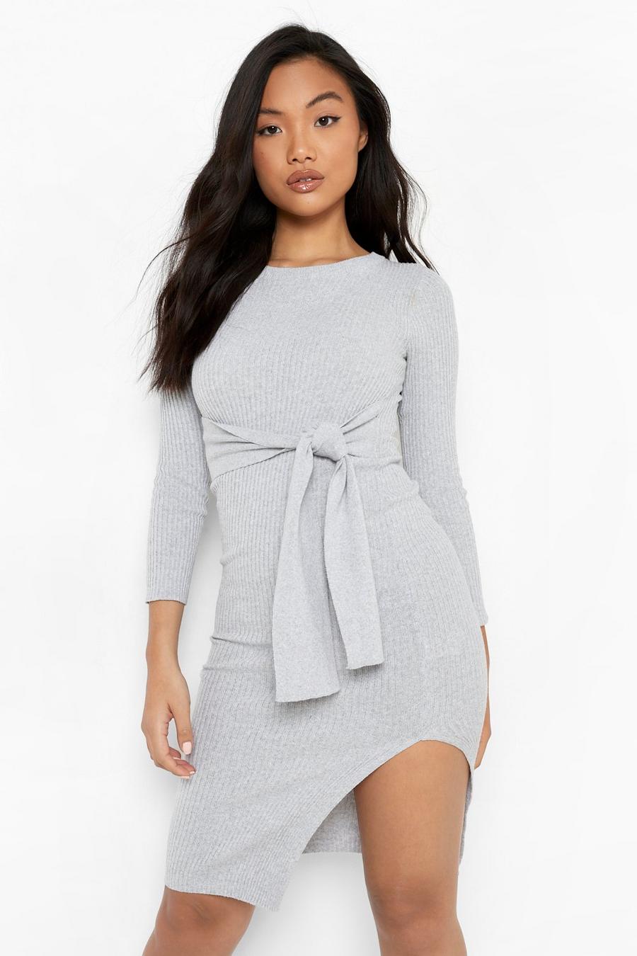Grey Petite Recycled Fine Gauge Belted Midi Dress