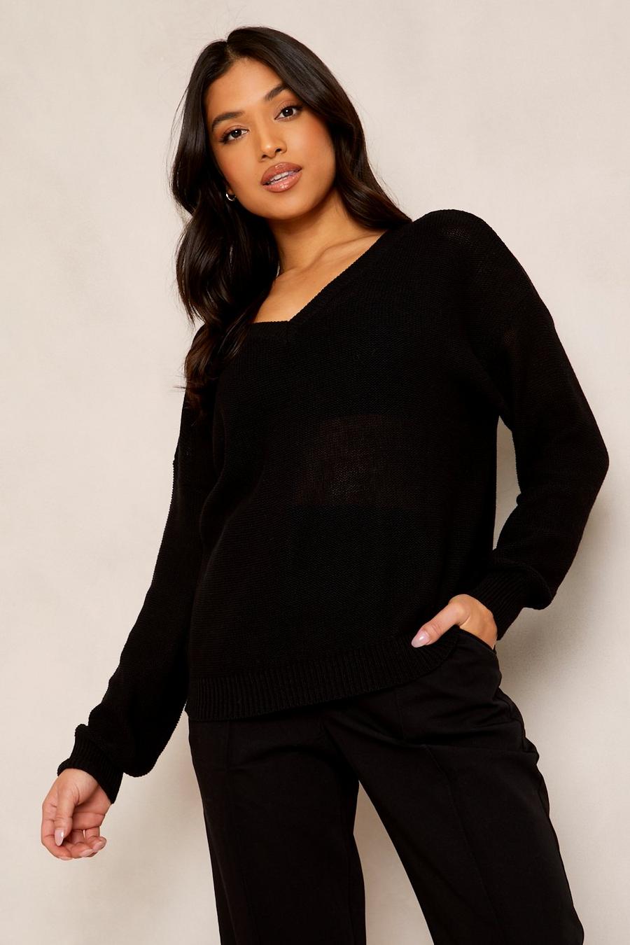 Black Petite Recycled V Neck Sweater image number 1