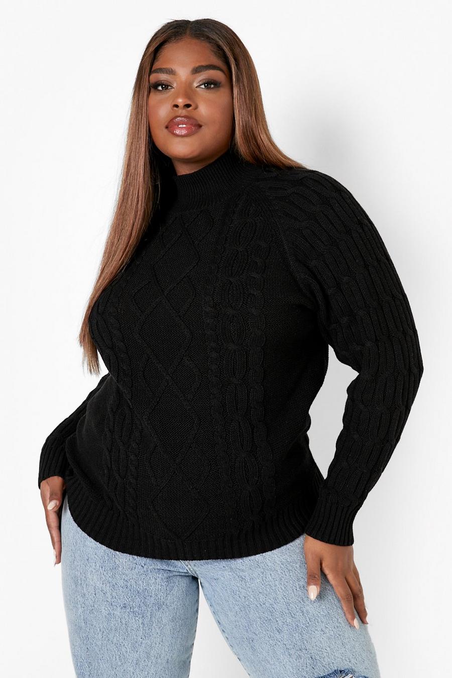 Black Plus Balloon Sleeve Cable Knit Jumper image number 1