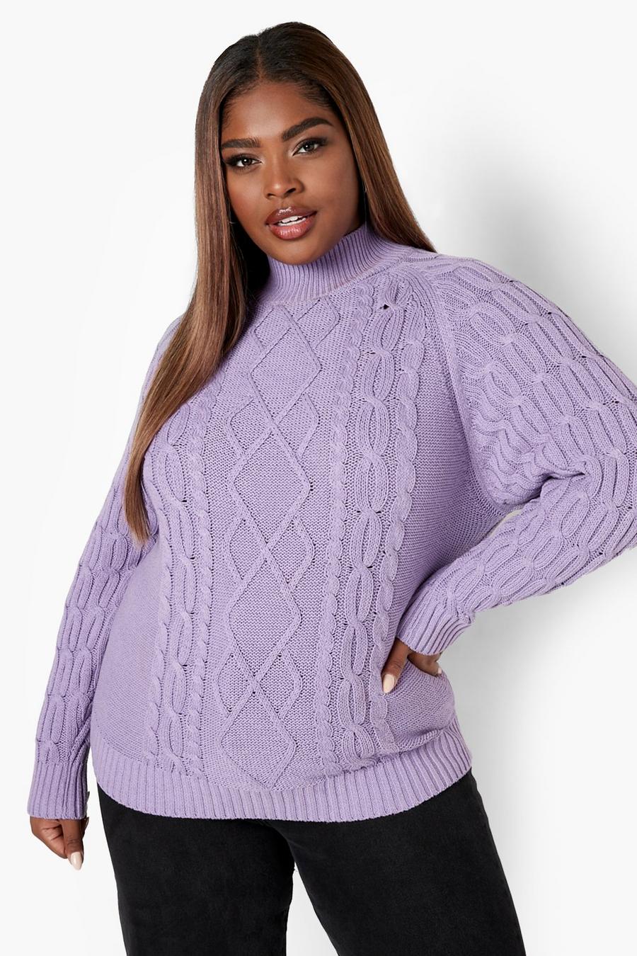 Maglione Plus Size in maglia intrecciata con maniche a palloncino, Lilac image number 1