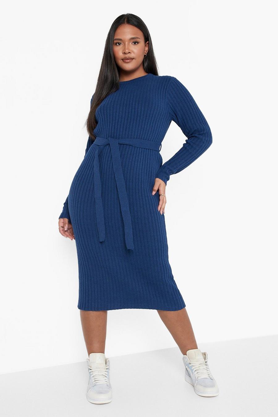 Navy marinblå Plus Recycled Belted Rib Knit Dress