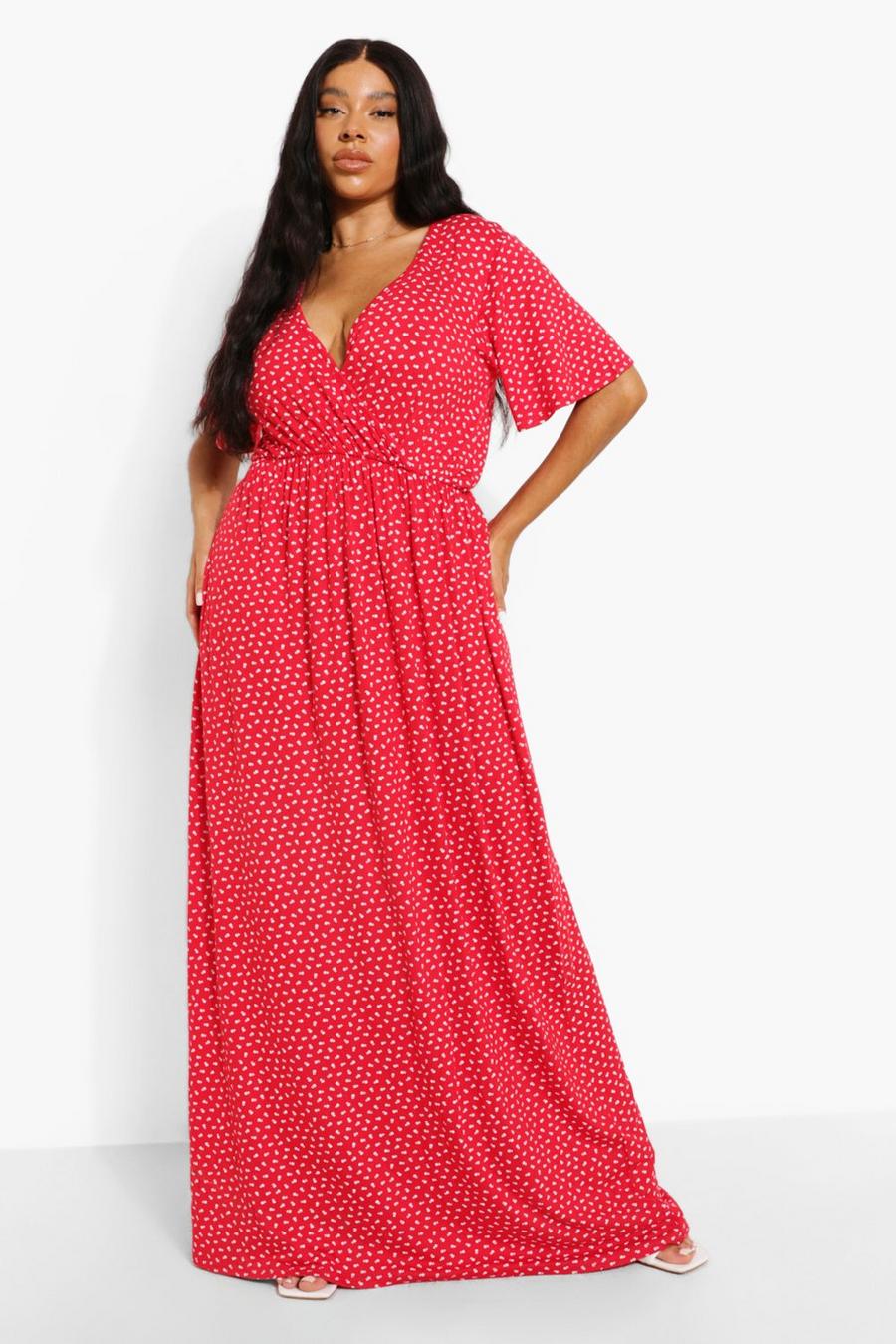 Red Plus Ditsy Floral Wrap Maxi Dress image number 1