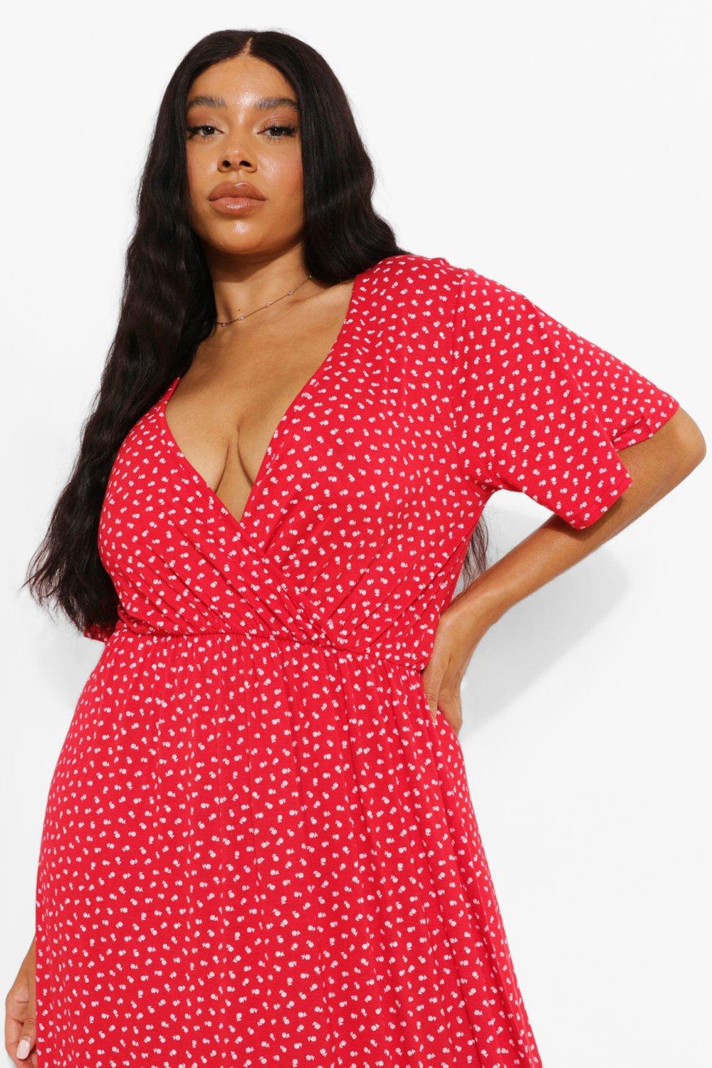 Boohoo midi wrap dress in red ditsy floral sale