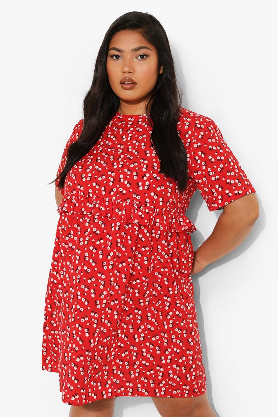 Red Plus Ditsy Floral Ruffle Smock Dress image number 1