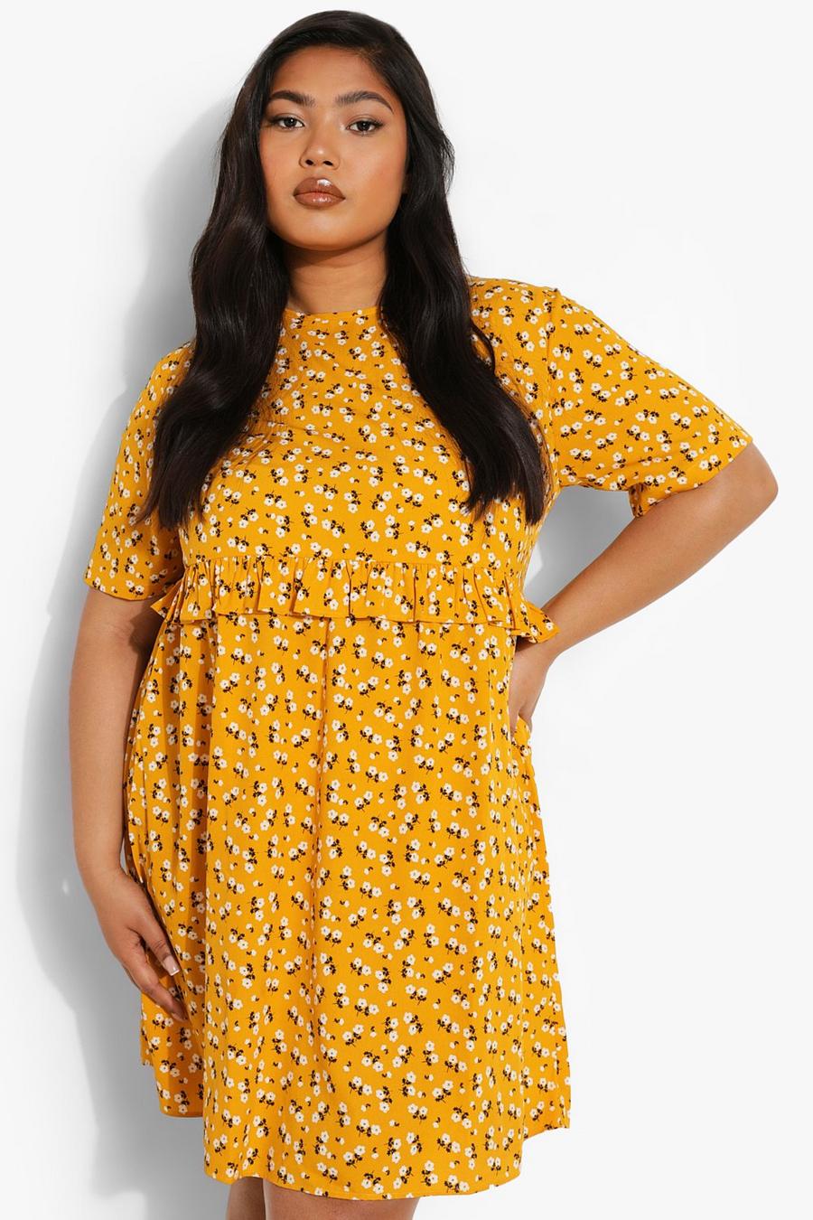 Yellow Plus Ditsy Floral Ruffle Smock Dress image number 1