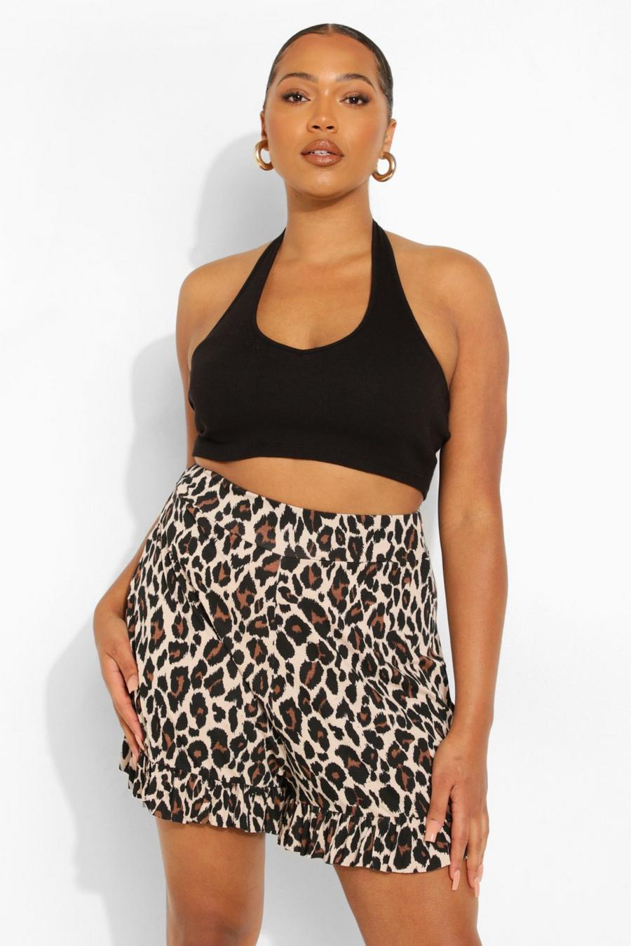 Plus Leopardenprint Jersey-Shorts mit Rüschen, Leopard image number 1