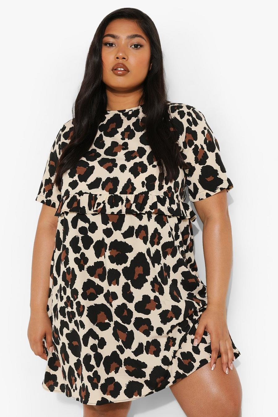 Plus Leopard Ruffle Waist Smock Dress image number 1