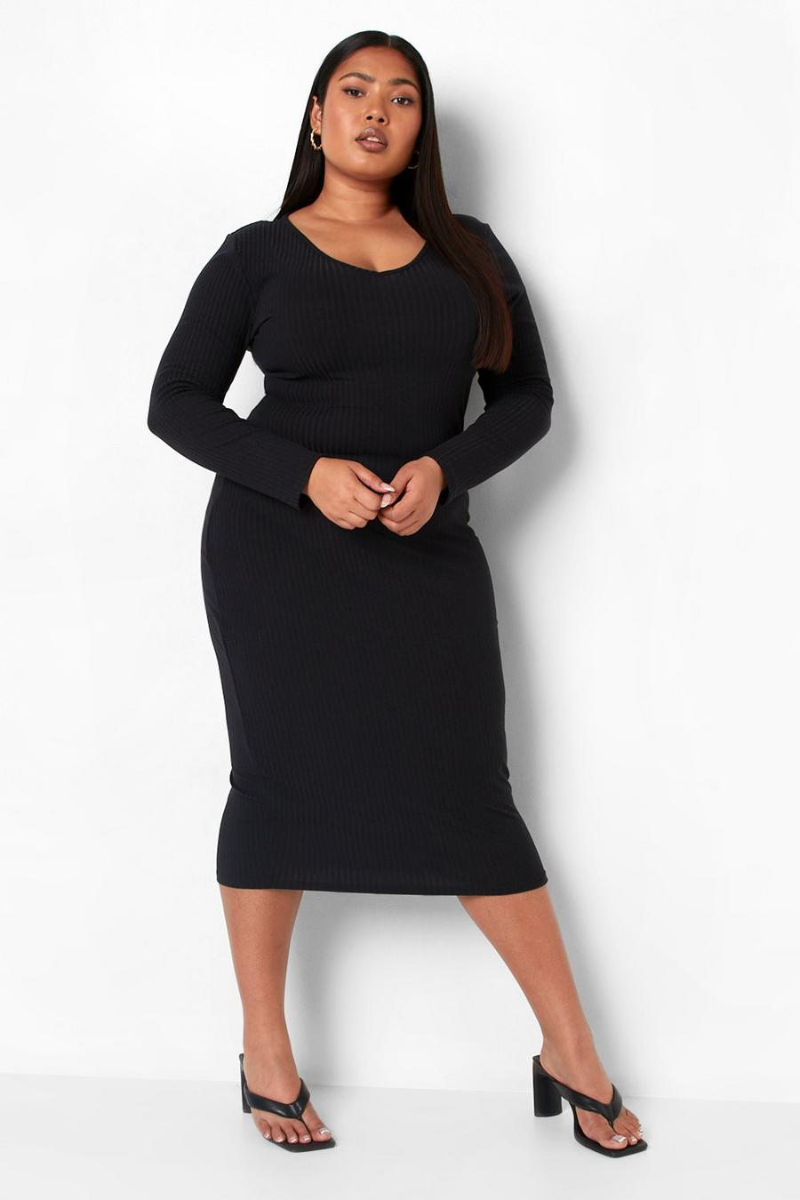 Black Plus Knitted Rib Midi Dress image number 1