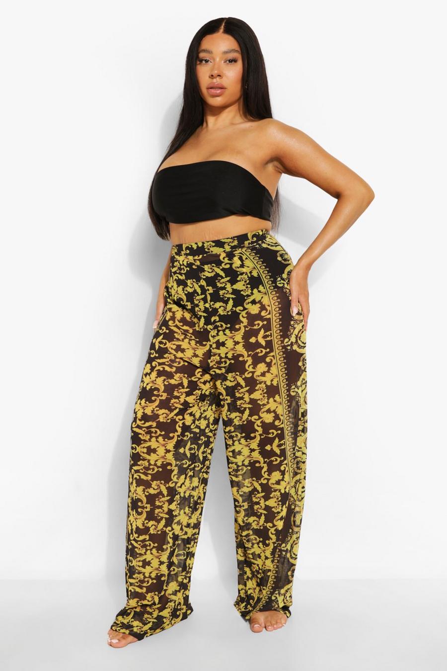 Black Plus Scarf Print Beach Trousers image number 1