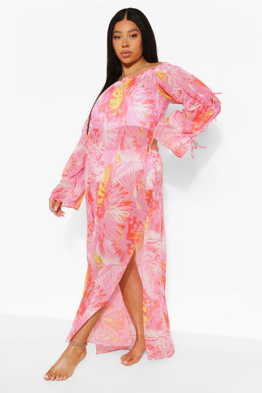 Maxi vestito da mare Plus Size con scollo Bardot in fantasia tropicale, Bright pink image number 1