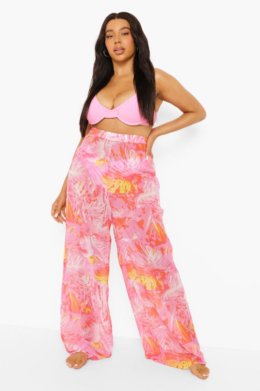 Pantalones Plus para la playa con estampado tropical, Bright pink image number 1