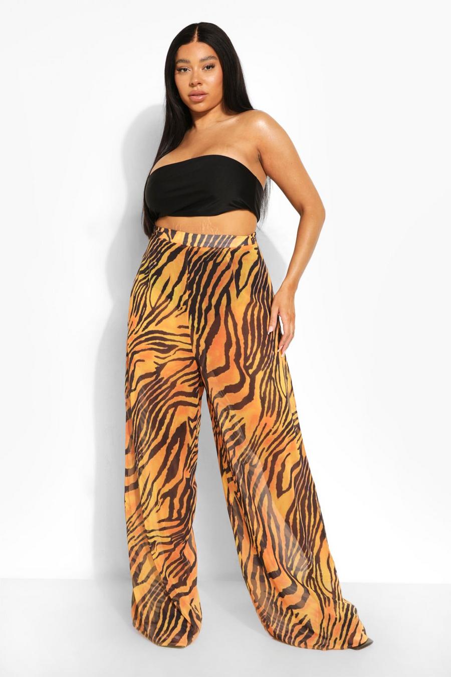 Pantalones Plus de playa con estampado de tigre, Orange image number 1