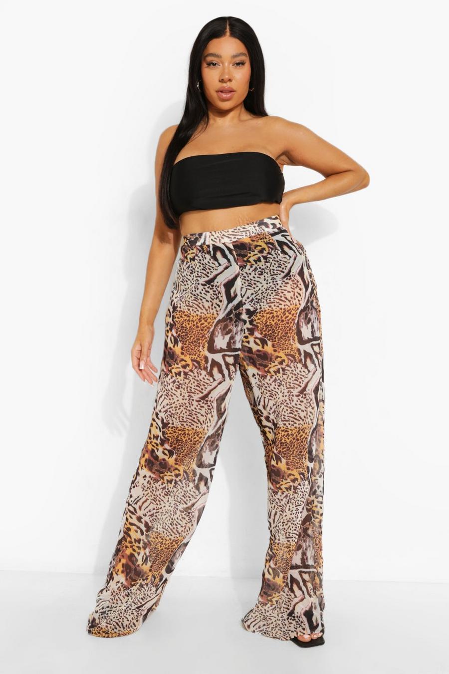 Brown Plus Animal Print Beach Trousers image number 1