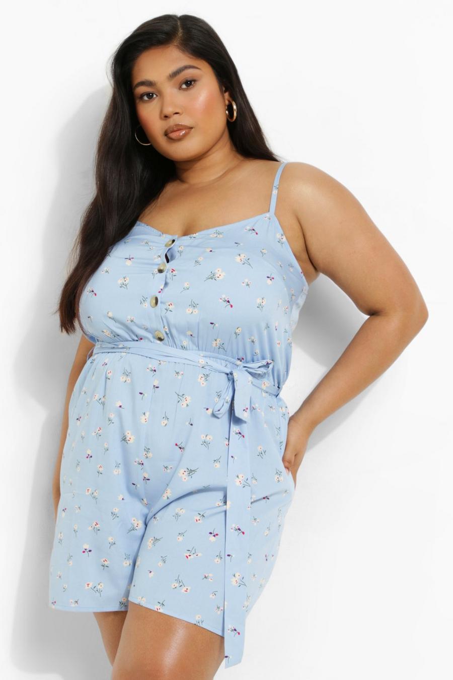 Dusty blue Plus Ditsy Floral Strappy Belted Playsuit image number 1
