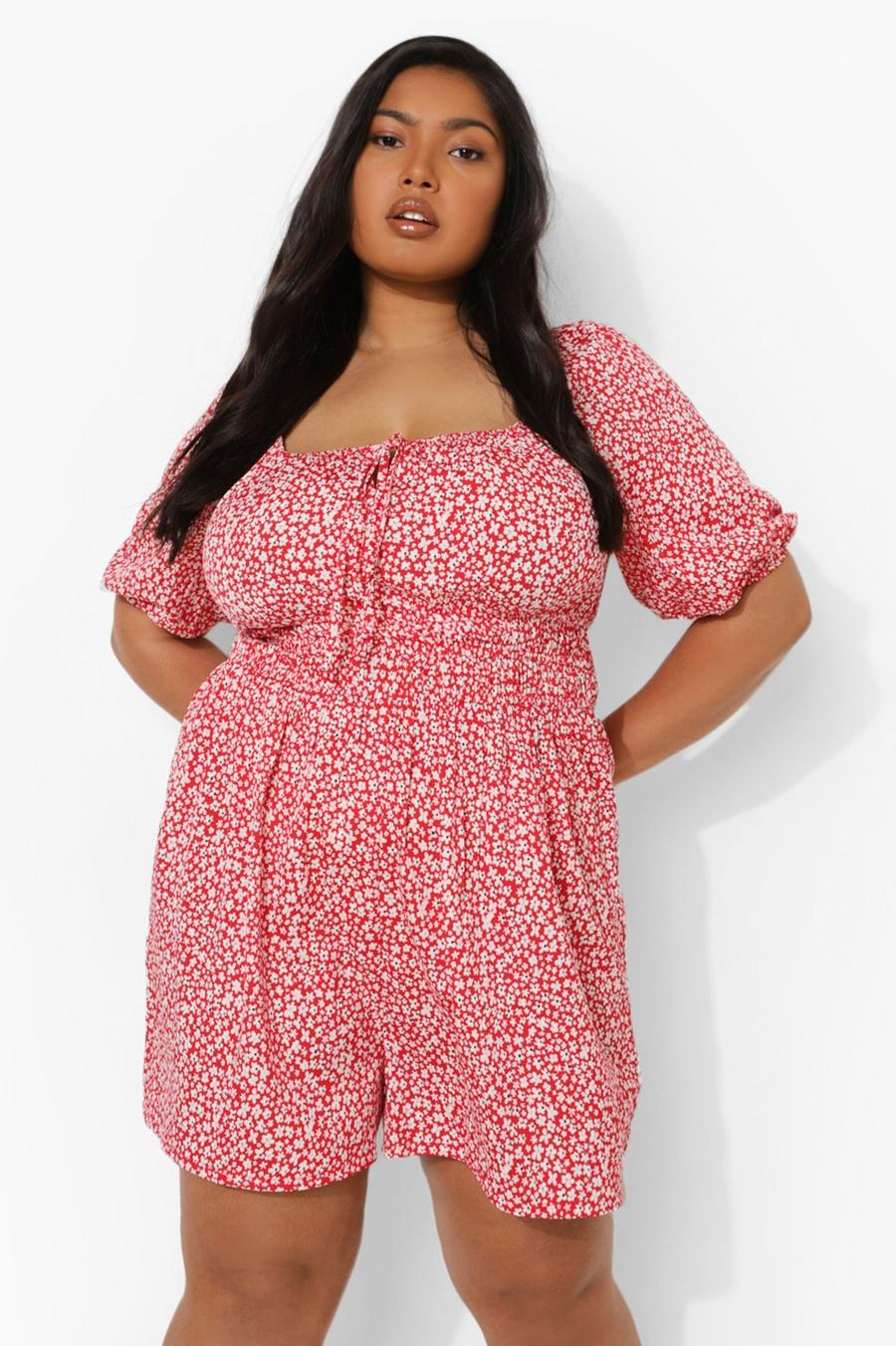 Red Plus Floral Puff Sleeve Flippy Playsuit image number 1