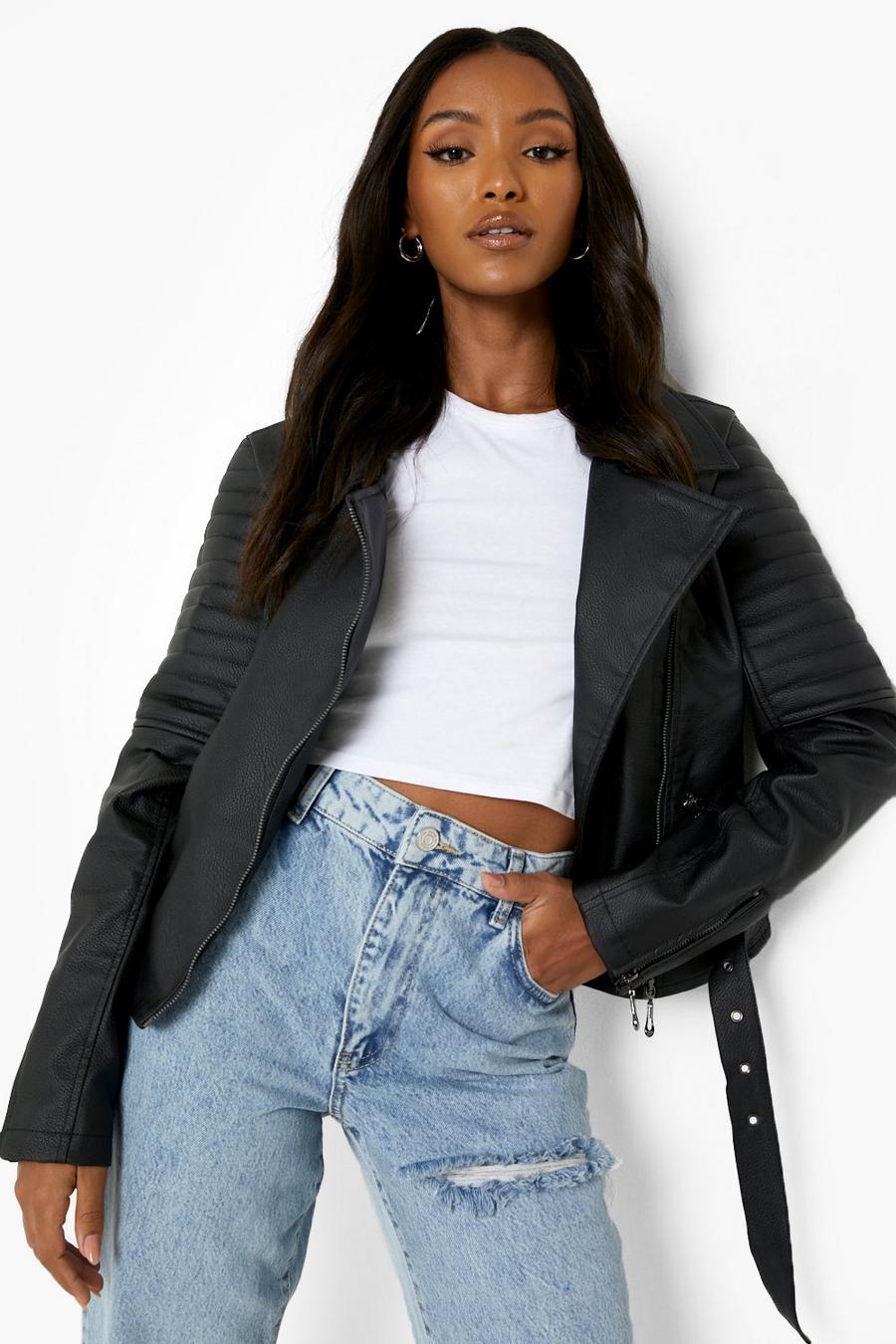 Black Petite Belted Biker Jacket image number 1