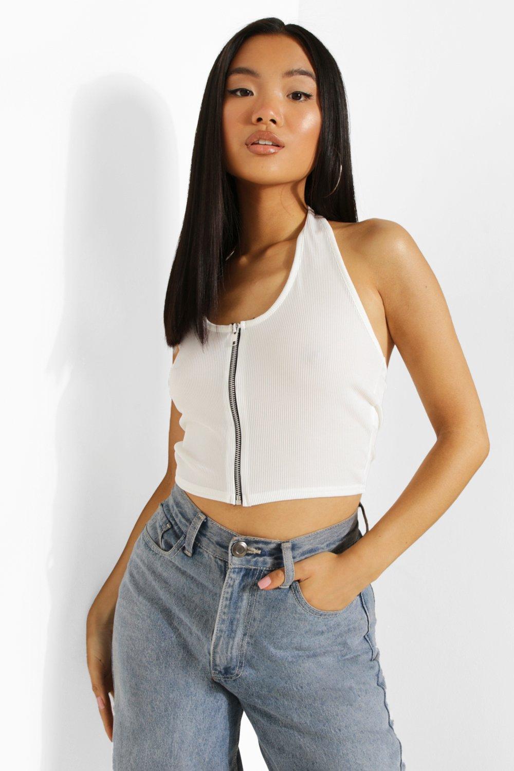 White zip front crop top hotsell