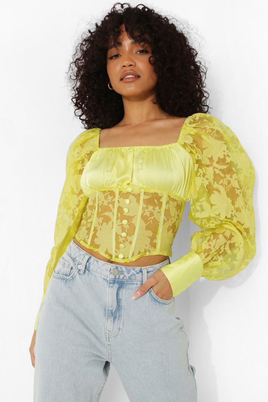 Yellow Petite Floral Organza Corset Top image number 1