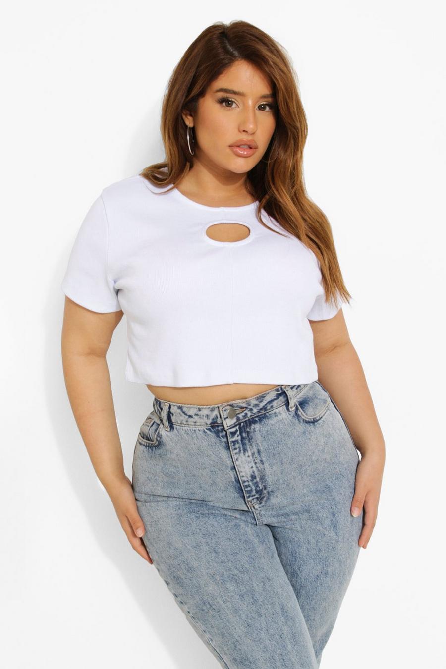 White Plus Ribbed Key Hole Crop Top image number 1