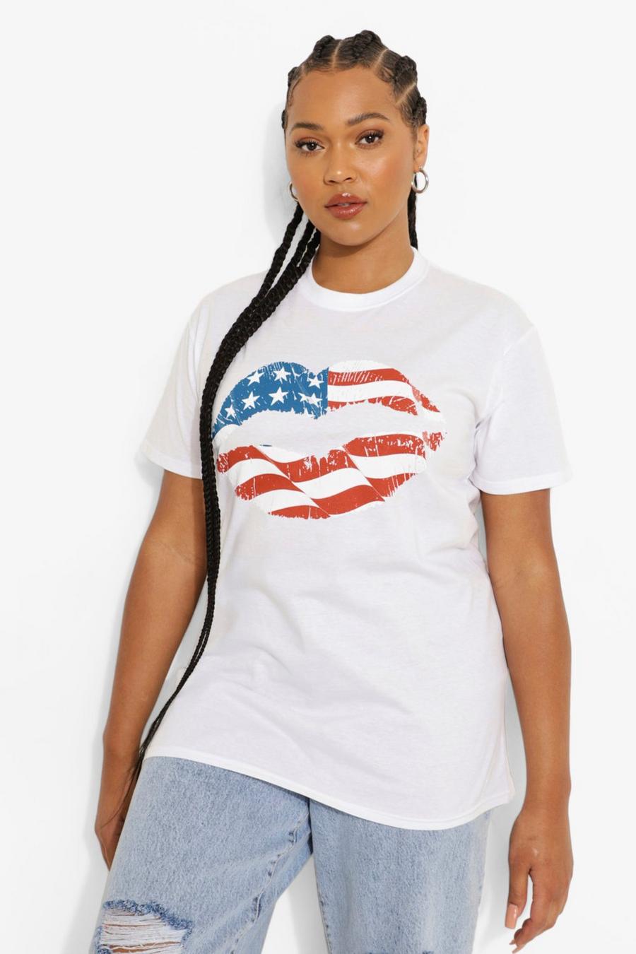White Plus American Flag Lips T-shirt image number 1