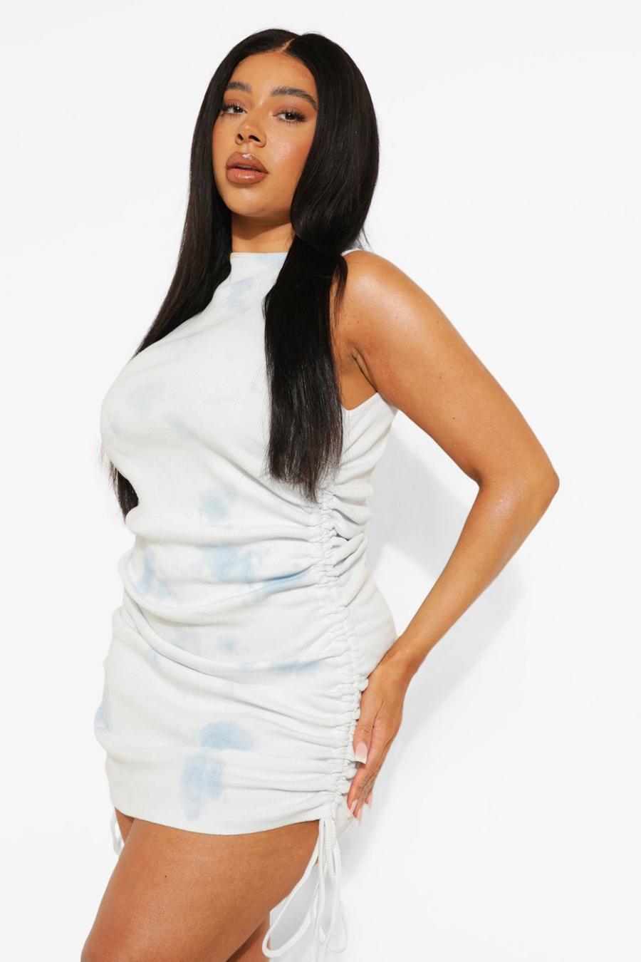 Baby blue Plus Tie Dye Rib Ruched Side Dress image number 1