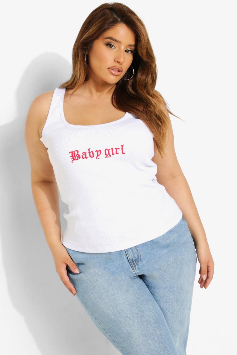 Plus Trägerhemd mit Babygirl-Stickerei, White image number 1