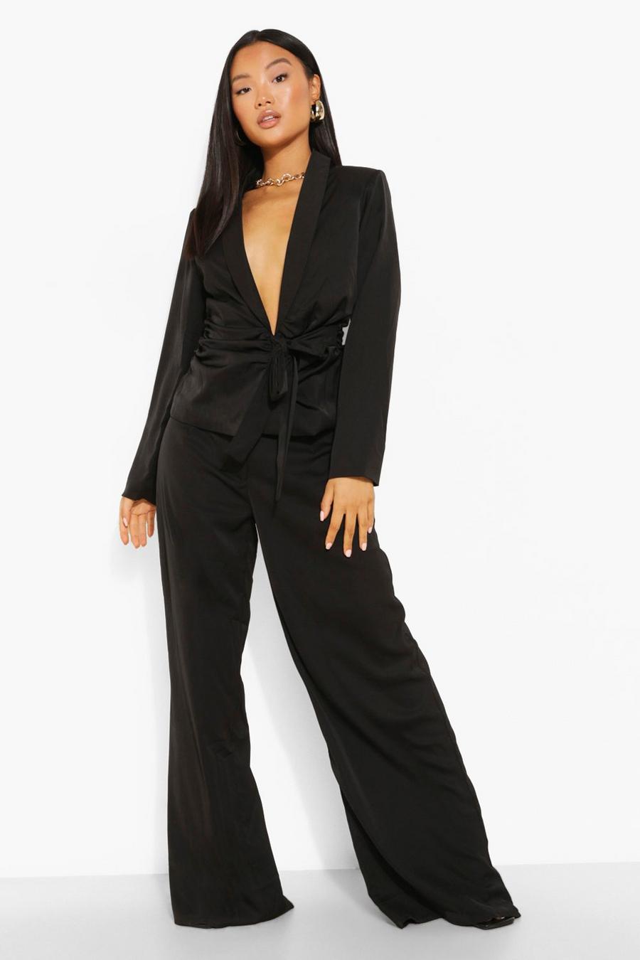Black Petite Wrap Front Blazer And Pants Set image number 1