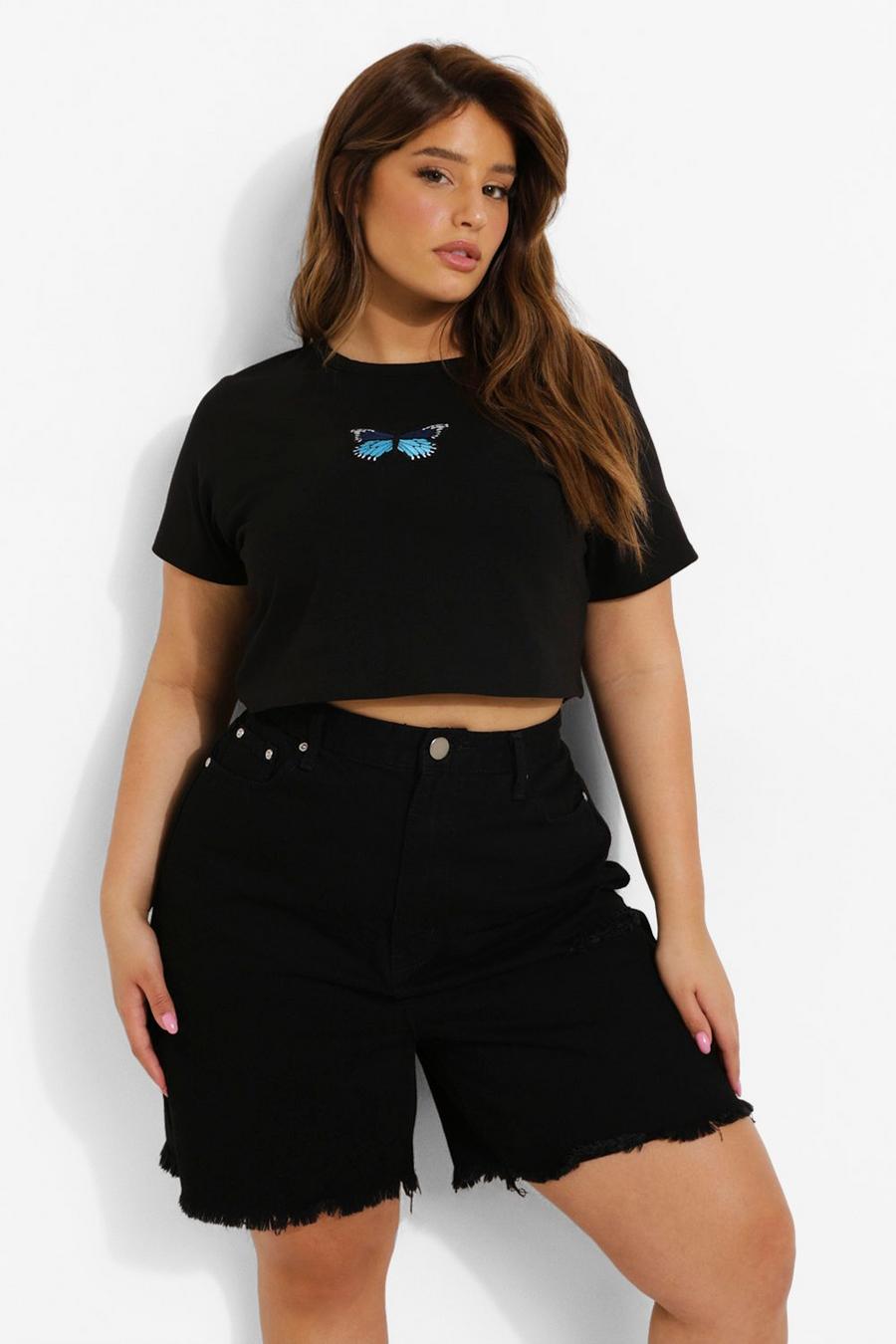 Black Plus Butterfly Embroidered Crop T-Shirt image number 1