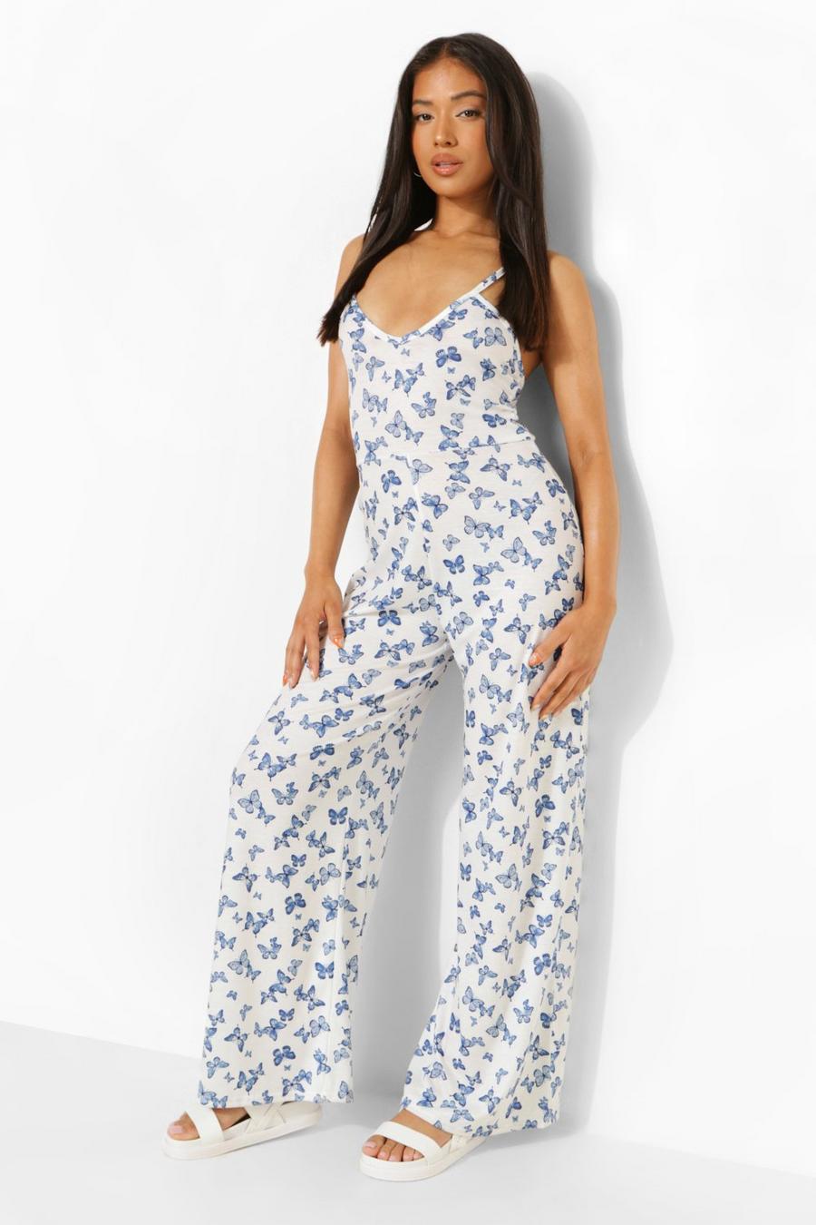 White Petite Butterfly Print Cross Front Jumpsuit image number 1