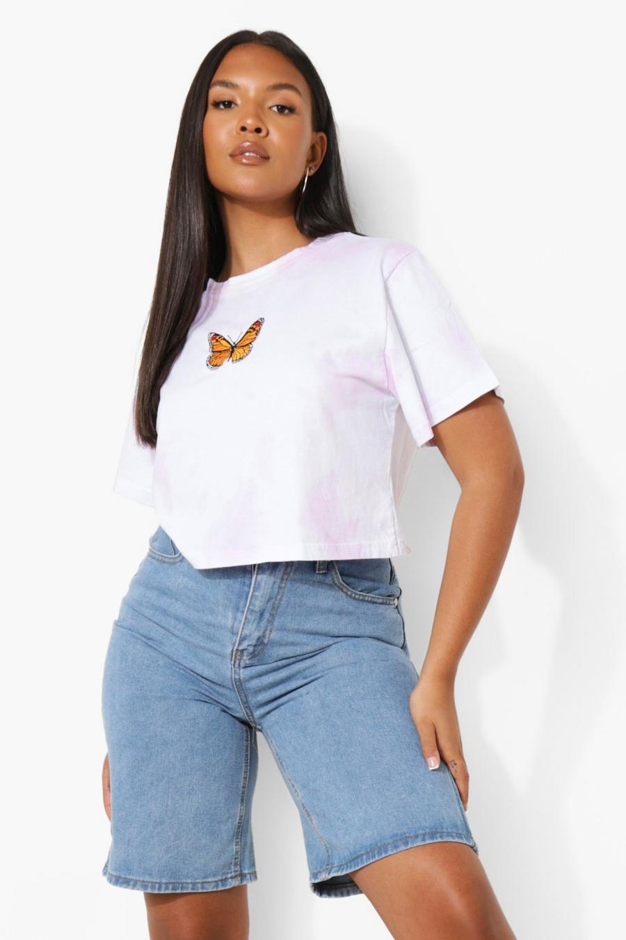 Pink Plus Tie Dye Butterfly Embroidered Crop Top image number 1