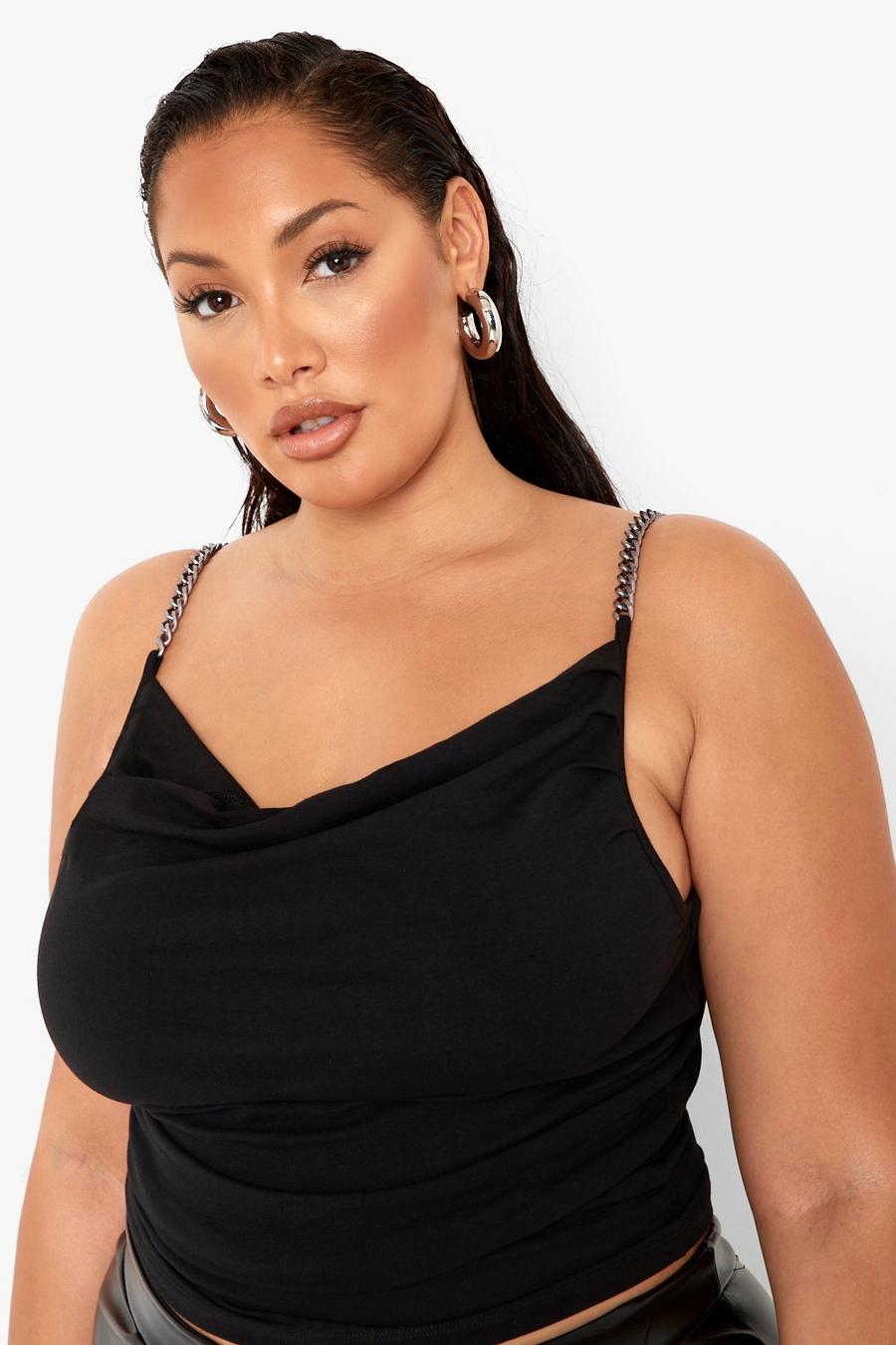 Black Plus Chain Strap Cowl Neck Cami Top image number 1