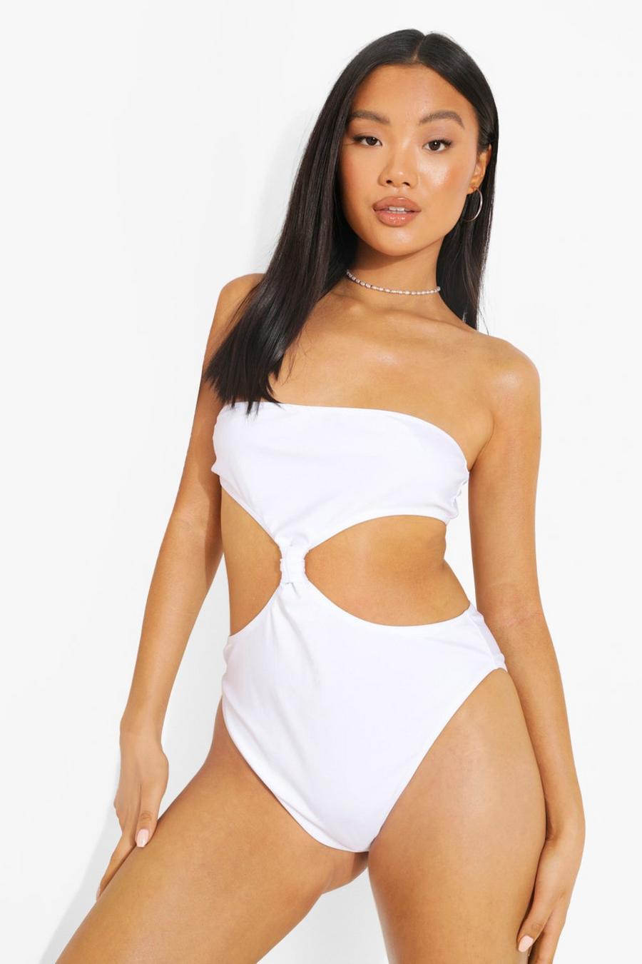 White Petite Bandeau Twist Knot Cut Out Swimsuit image number 1