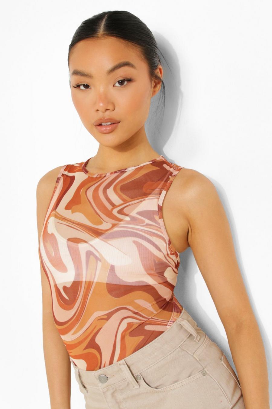 Natural Petite Abstract Printed Mesh Racer Bodysuit image number 1
