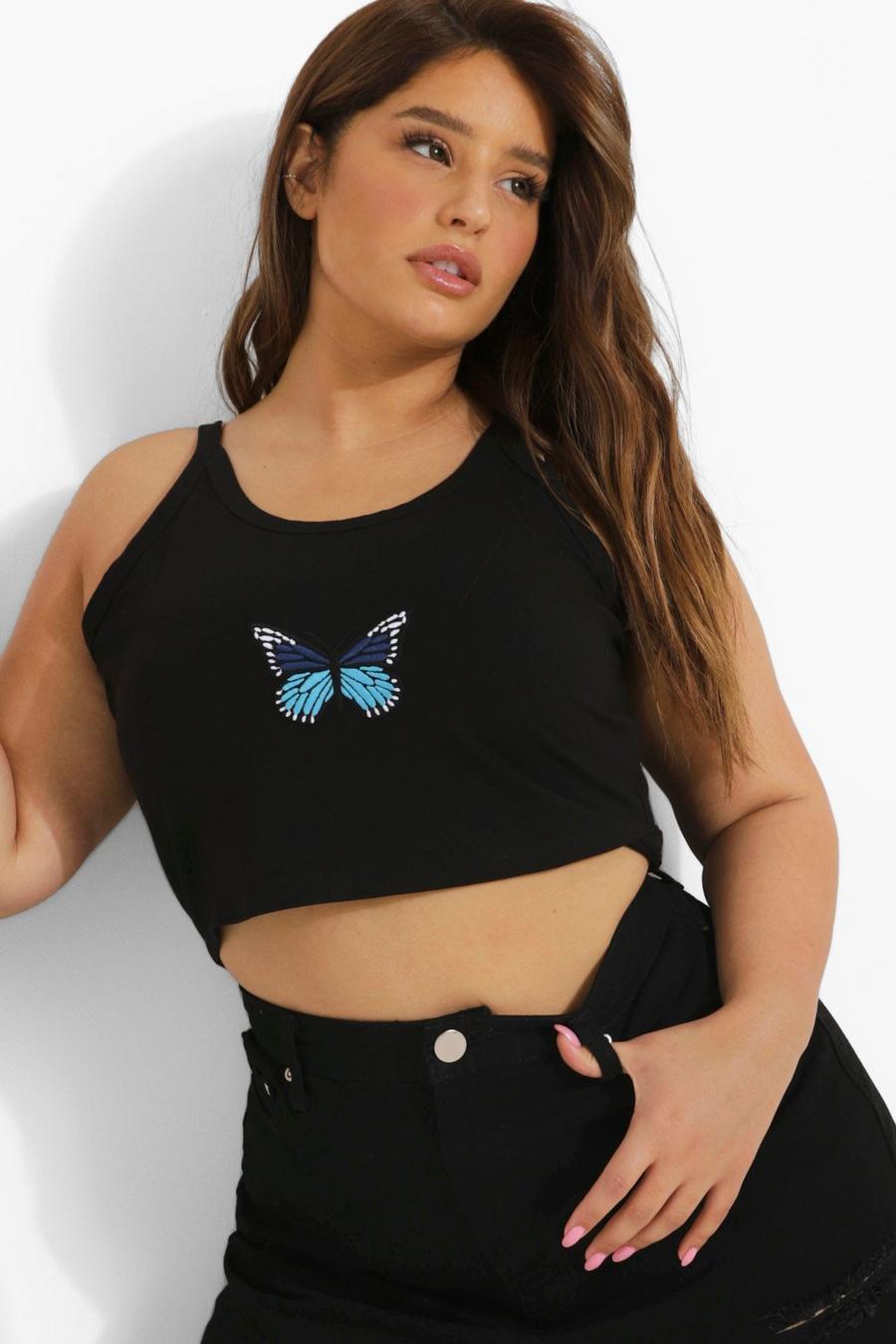 Plus Racer-Trägerhemd mit Schmetterlings-Stickerei, Black image number 1